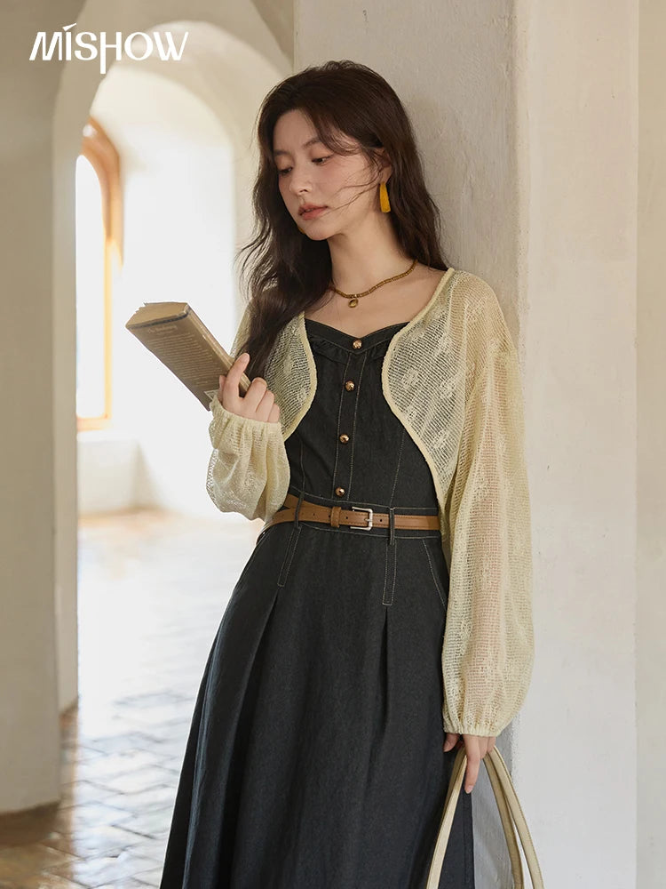 MISHOW Women's Two-Piece Set 2025 Lantern Sleeves Knitted Cardigan Imitation Denim Strap Dress Set With Belt Included MXE41T0704