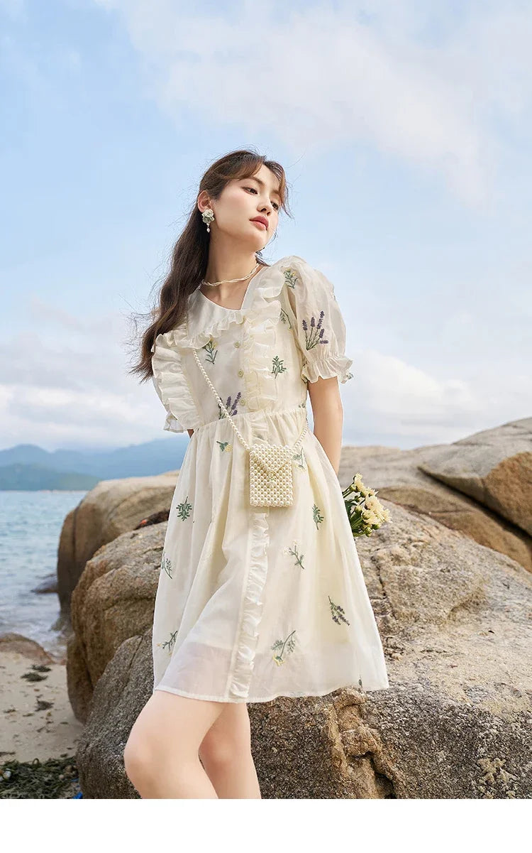 MISHOW Elegant Fairycore Embroidery Flower Dresses 2025 Summer A-line Flare Sleeve Ruffles Sweet Knee-Length Dresses MXC38L1518