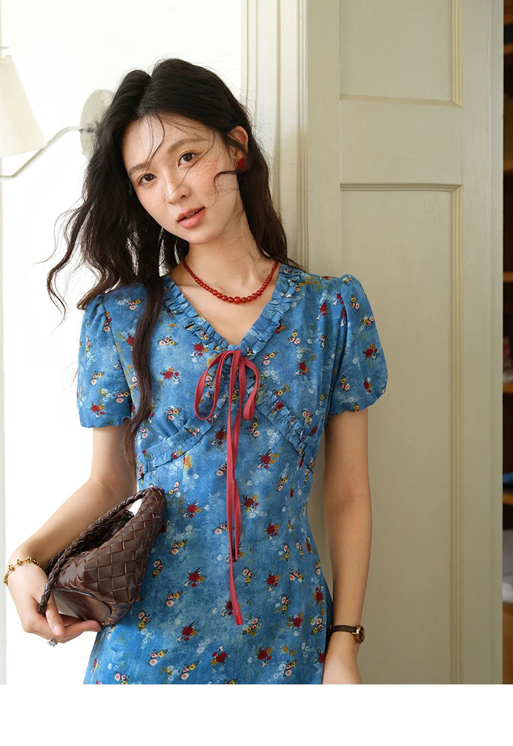 MISHOW Women's V-neck Lace Up Dress 2025 Summer New Female Fashion Puff Sleeve Chiffon Print Dresses Ladies Clothing MXE39L2401