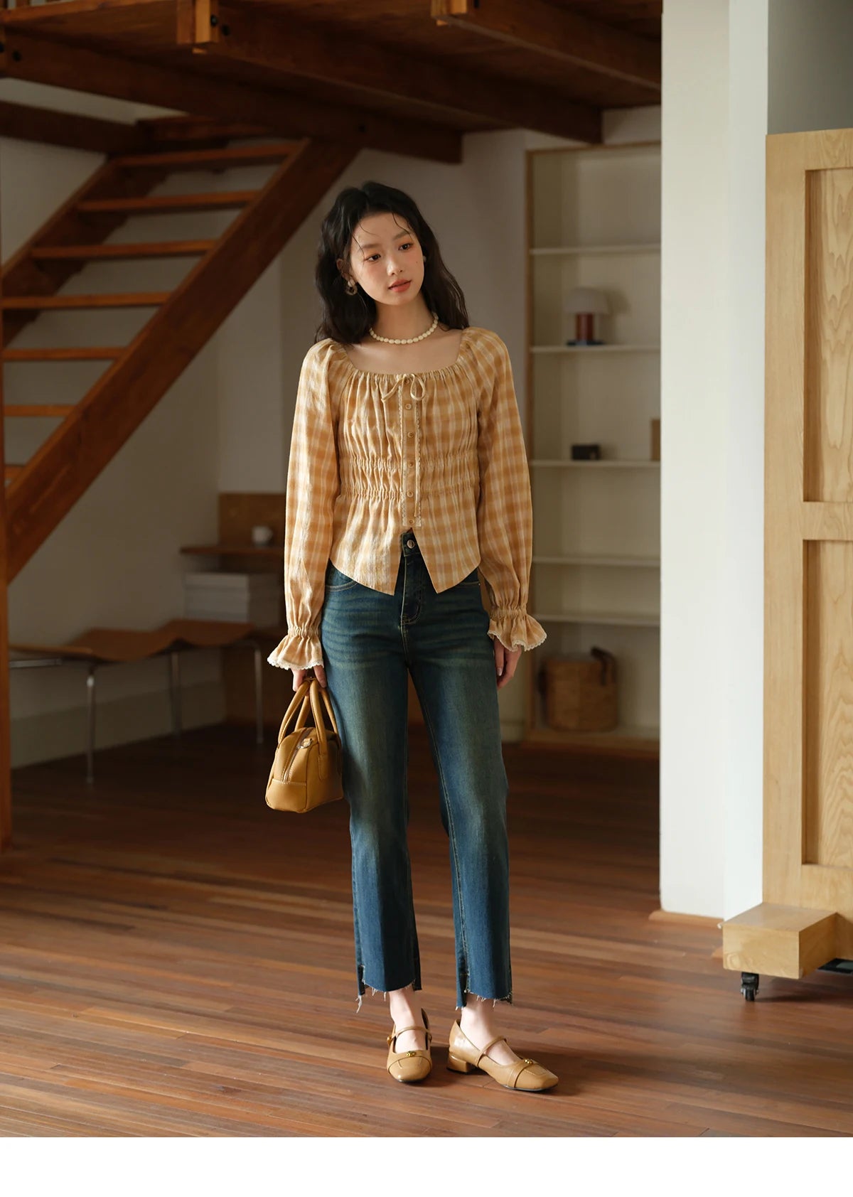 MISHOW Yellow Plaid Blouse for Women 2025 Autumn Korean Waist Square Neck Top Cuff Patchwork Lace Puff Sleeve Blouses MXE43X1986