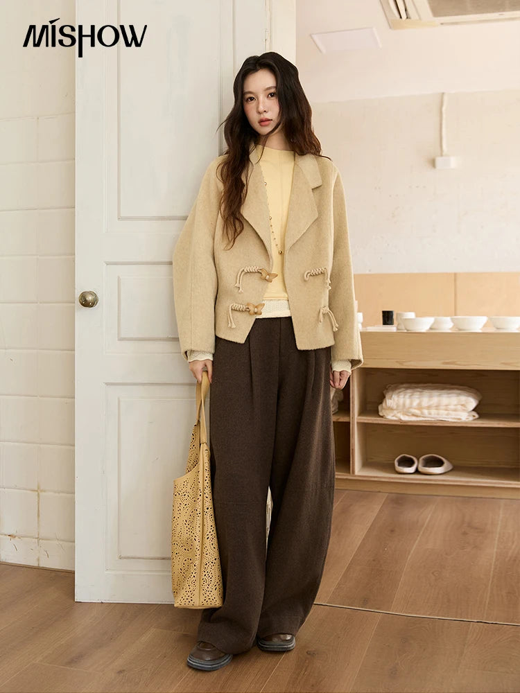 MISHOW 100%Wool Coat for Woman 2025 Winter Retro Apricot Double-faced Butterfly Button Coat Warm Long-sleeved Jacket MXE51W0887