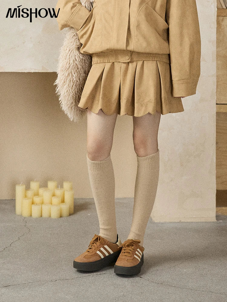 MISHOW Women's Embroidered Sweet Short Skirt 2025 Autumn Winter Pleated Solid Short Skirt High Waist Hem Wavy Skirts MXE87B2451