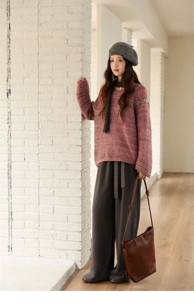 MISHOW Women's Blue Sweater 2025 Winter Fashion Loose Crew Neck Long Sleeve Pullover Pullovers Soft Versatile Top MXE86Z2733