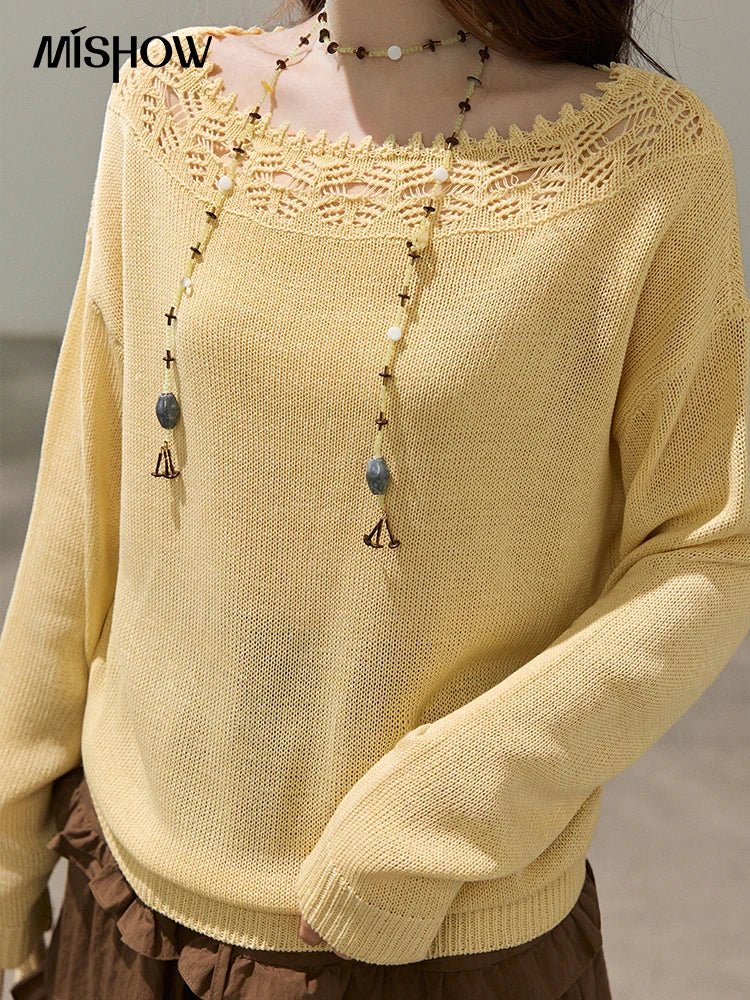 MISHOW Women's Hollowed Out Lace Trim Knit Tops 2026 Spring Boat Neck Long Sleeve Knitwear Casual Soft Yellow Sweater MXF15Z3050