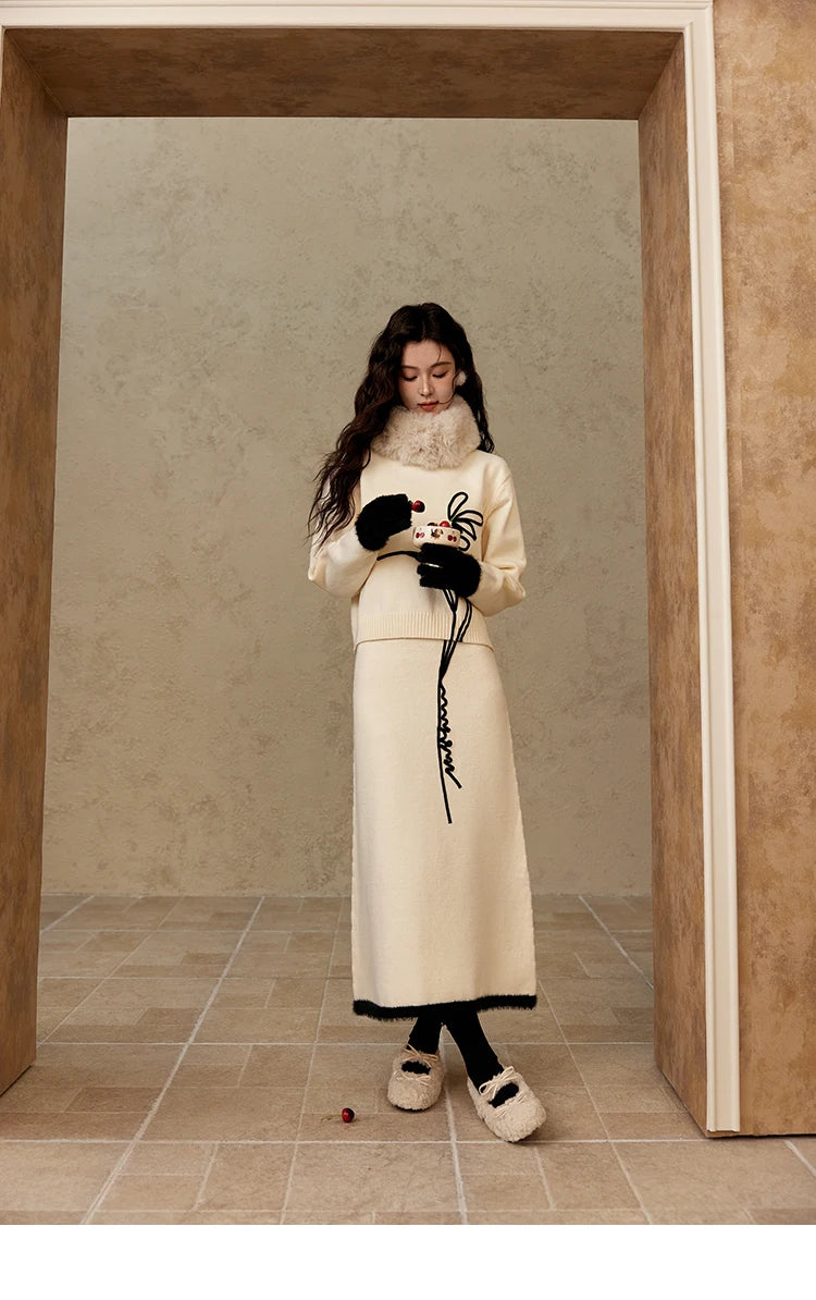 MISHOW French Skirt Sets Embroidery Spliced Contrast Color Two Piece Sets Women High Waist Midi Skirt Knitted Tops MXD57T0463