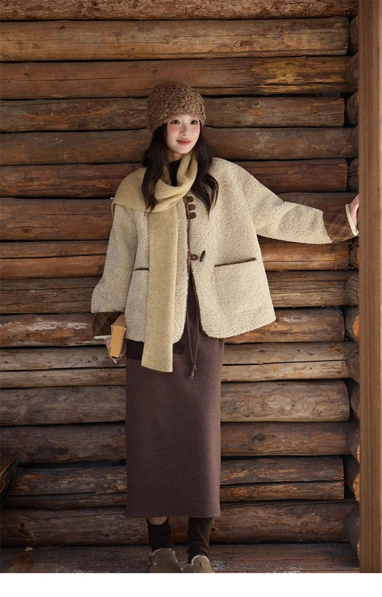 MISHOW Woman Plaid Patchwork Lamb Wool Coat 2025 Winter Round Neck Coat Commute Warm Loose Jacket （Without A Scarf）MXE90W0923