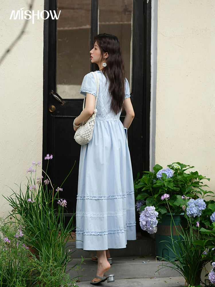 Mishow Blue Lace Mushroom Edge Puff Sleeve Dress MXE38L2348