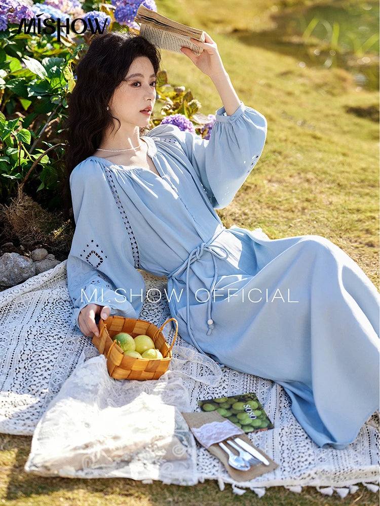 MISHOW French Hollow Lace Dress for Women 2025 Spring Vacation Slim Waist V-neck Dresses Loose Beach Fairy Dresses MXE12L2091