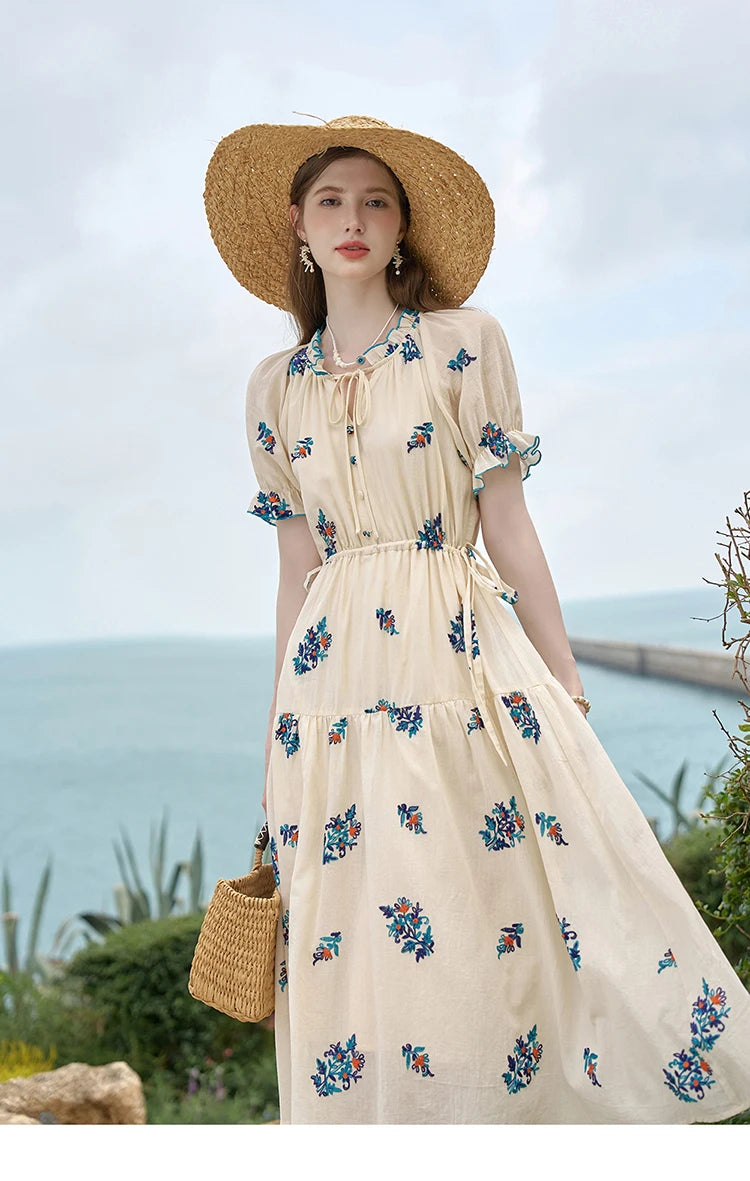 MISHOW French Romantic Dress 2024 Summer Women Embroidered Flower Fairycore Dresses Elastic Waist Drawstring Dress MXD24L1835