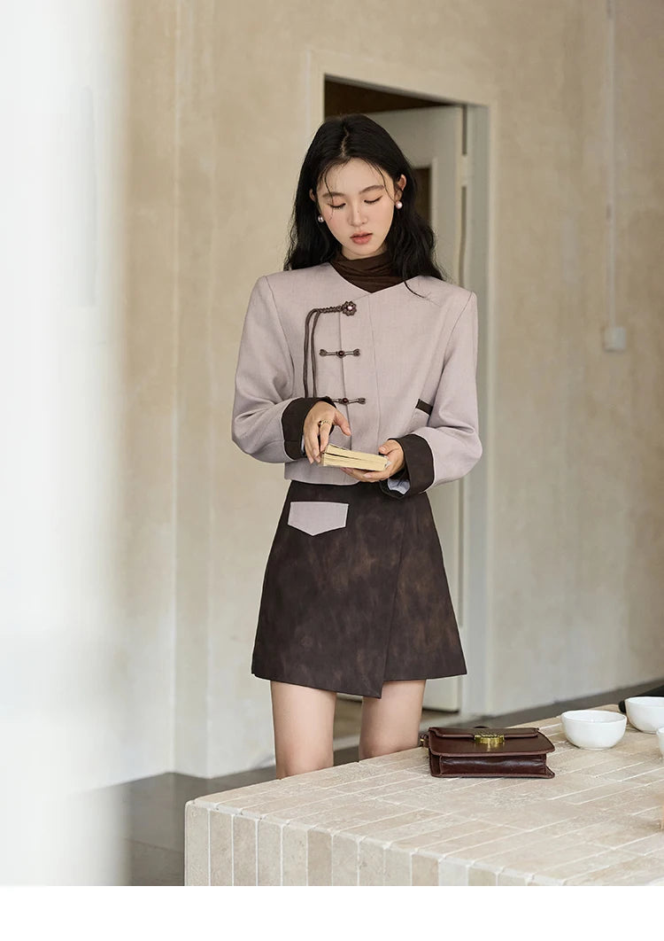 Mishow Taro Purple V-Neck Jacket & Asymmetric Mini Skirt Set MXD43W0417