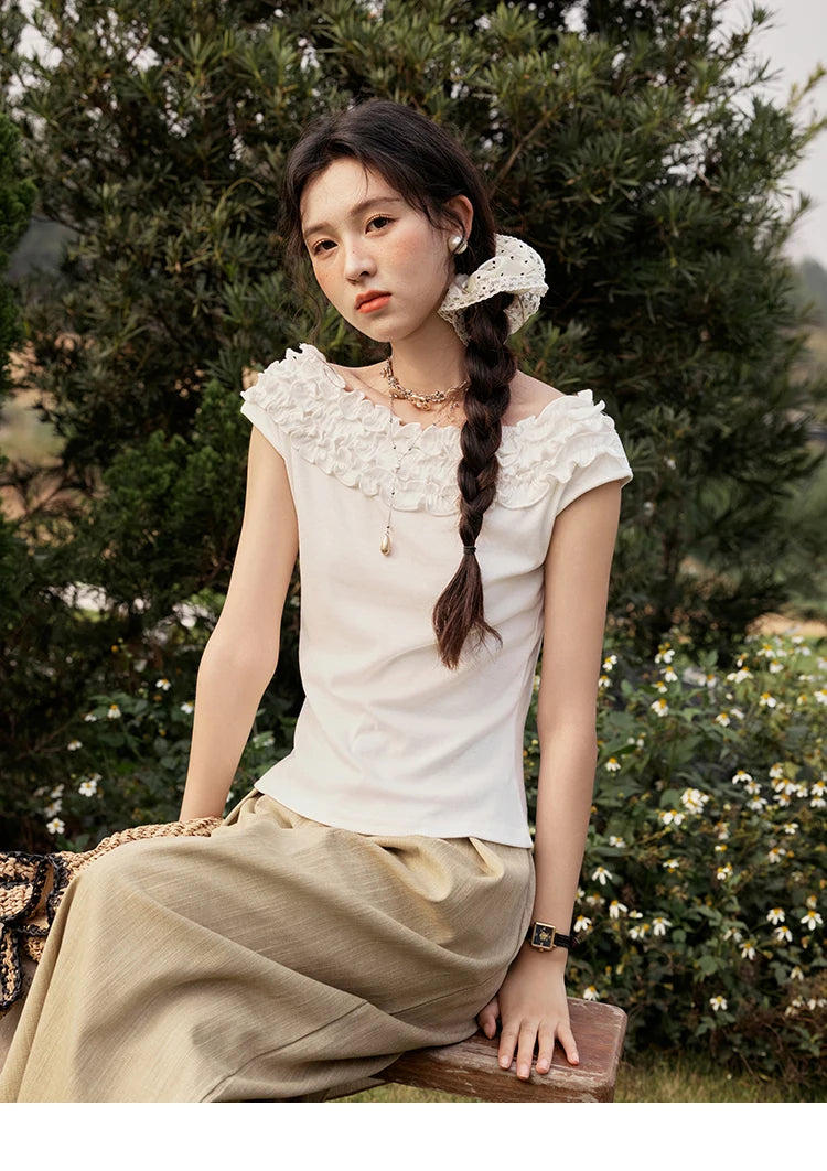 MISHOW French Stringy Selvedge One Neck T-shirt for Women Summer 2025 Raglan Sleeves Wool Short Top Sexy Solid Tees MXE34T0605