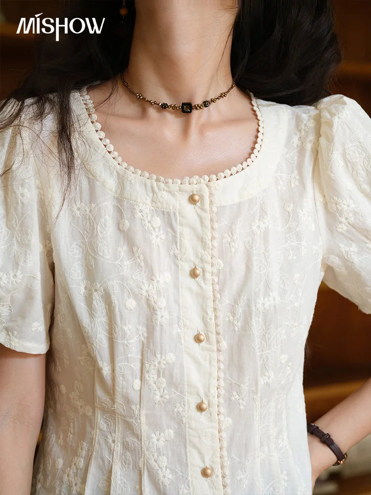 MISHOW Embroidery Cotton Shirt for Women 2025 Summer Fashion French Style Puff Sleeve Button Shirt Women's Clothing MXE39X1979