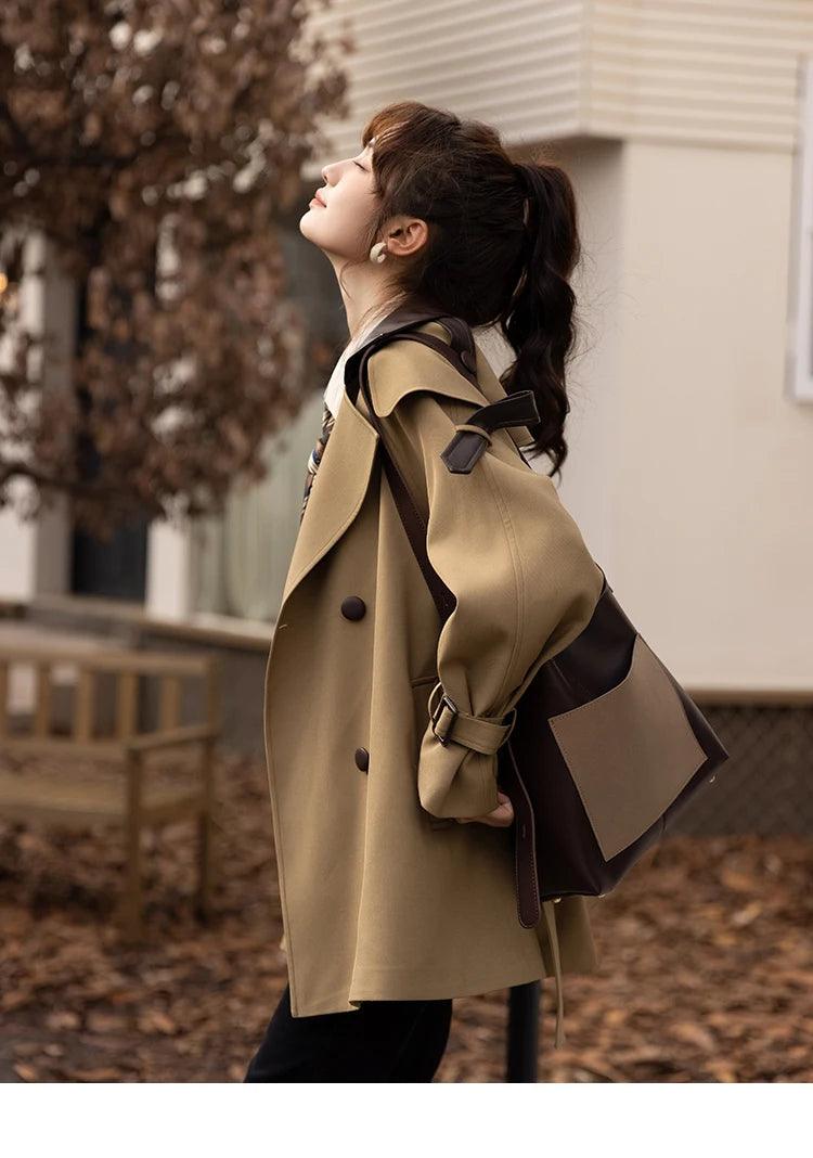 MISHOW Trench Coats for Women Autumn Korean Office Lady Polo Collar Patchwork Long Mid-length Jacket Female Outerwear MXB33W0399