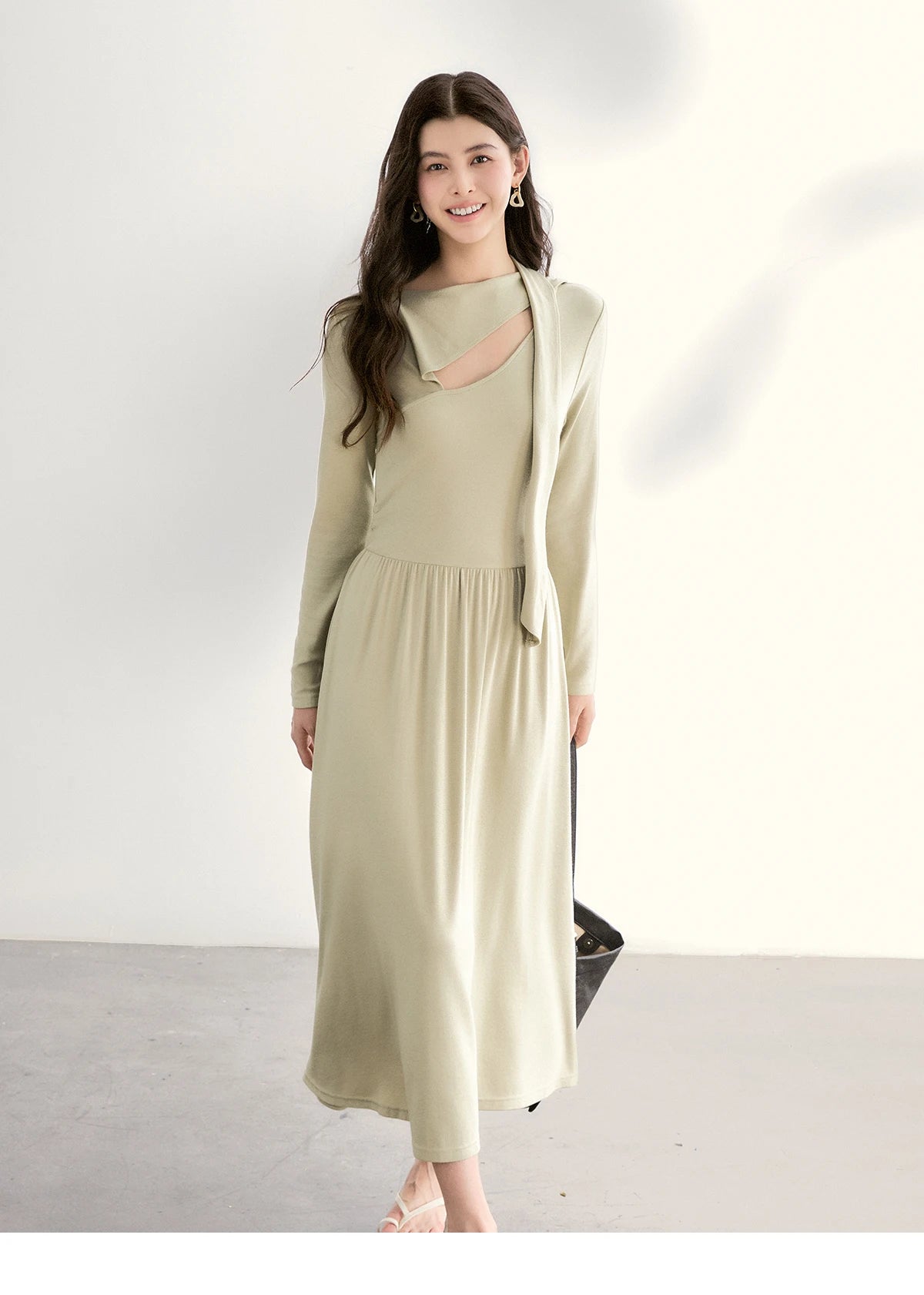 MISHOW Women's Light Green Midi Dress 2026 Spring Cutout Neck Hollow Out Ribbon Dresses Elegant Long Sleeve Dress MXF13L2556