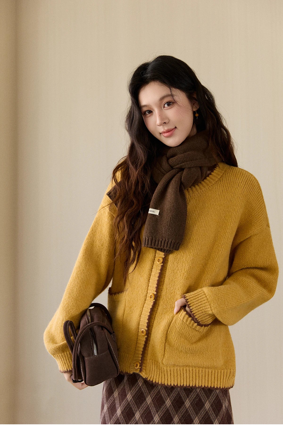MISHOW Women's Yellow Knitted Cardigan 2025 Autumn Winter Color Collision Edge Sweater Pockets Loose Warm Casual Tops MXE94Z2973