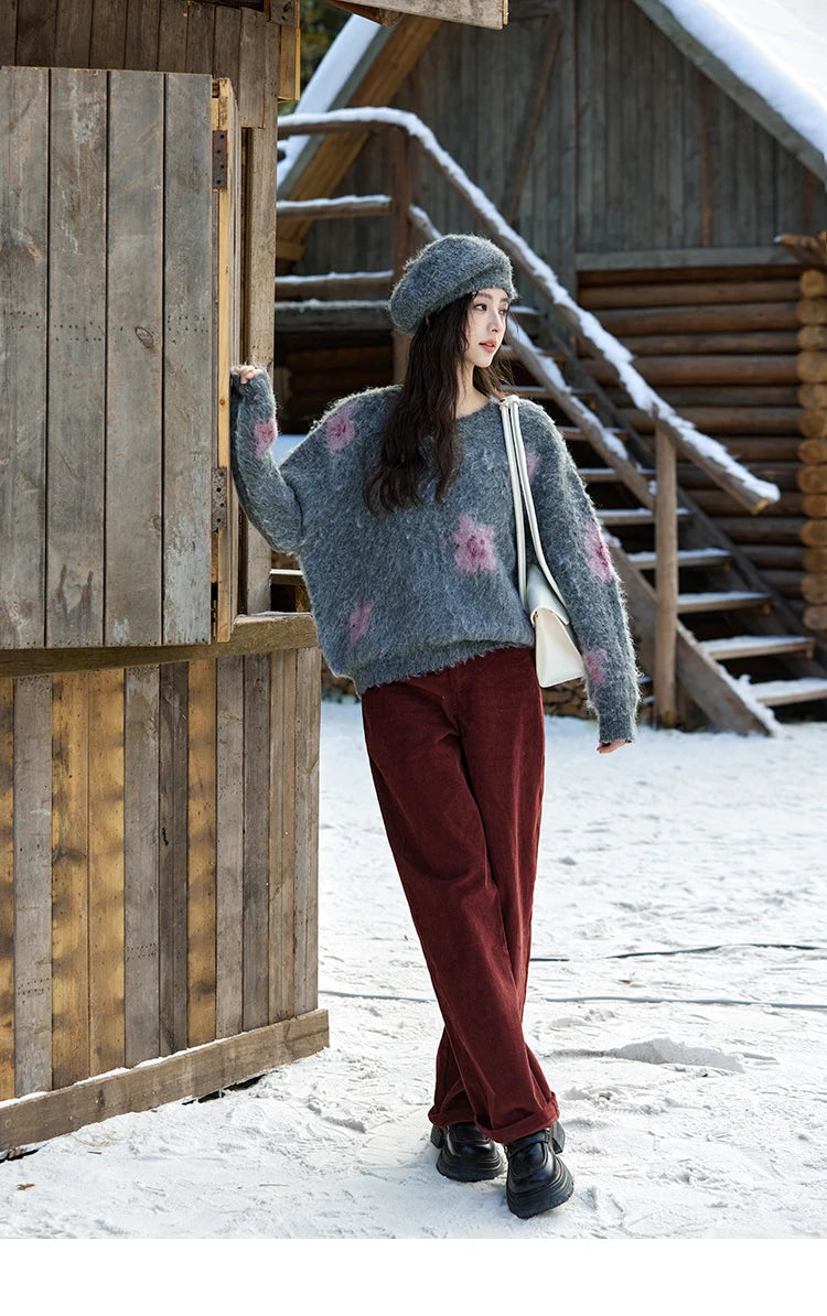 MISHOW Wool Yarn Plush Fur Flower O-Neck Pullover Knitted Sweater Women Clothes Warm Versatile Long-sleeved Tops MXD56Z1001