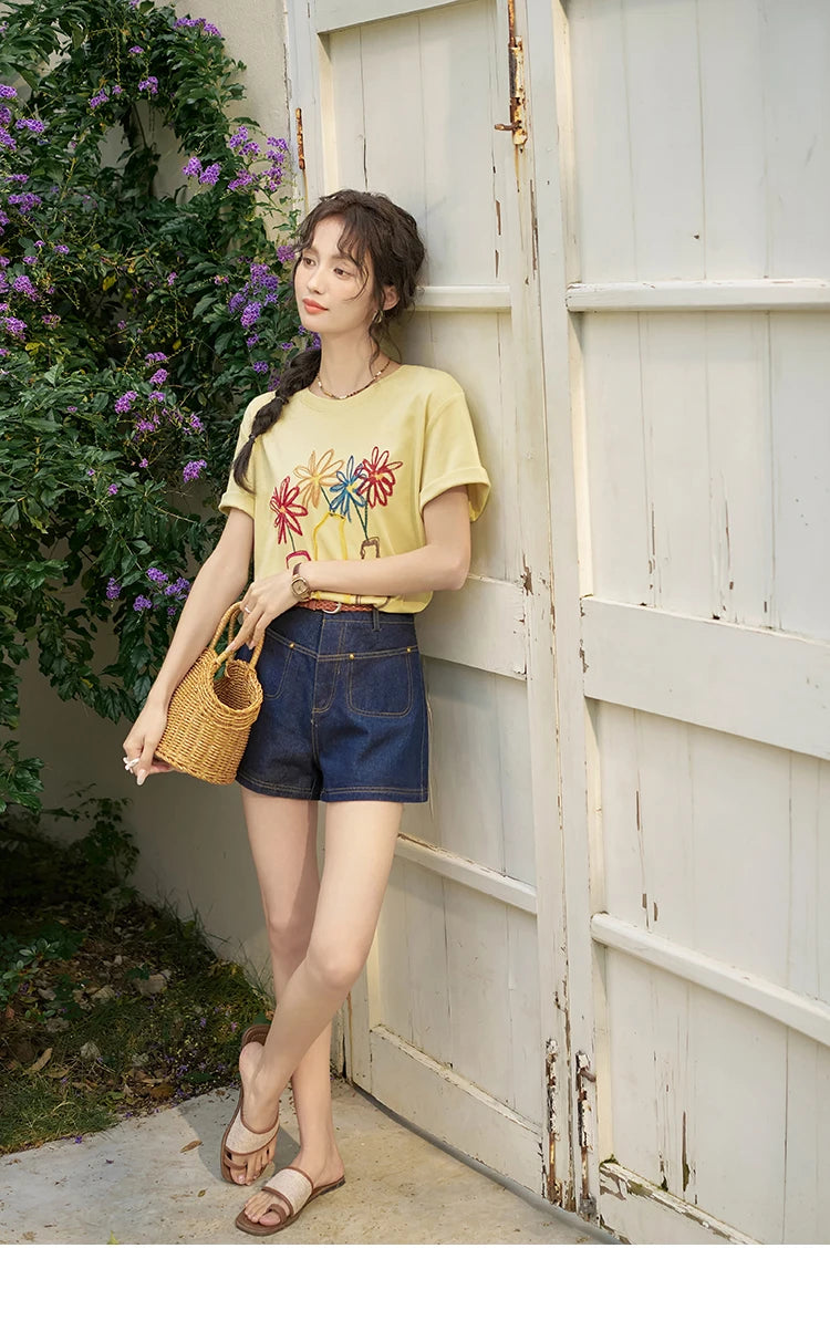 MISHOW 100 Cotton Pocket Embroidered Flower Denim Shorts for Women 2024 Summer Dark Blue Loose Casual Wide Leg Pants MXD26K0707