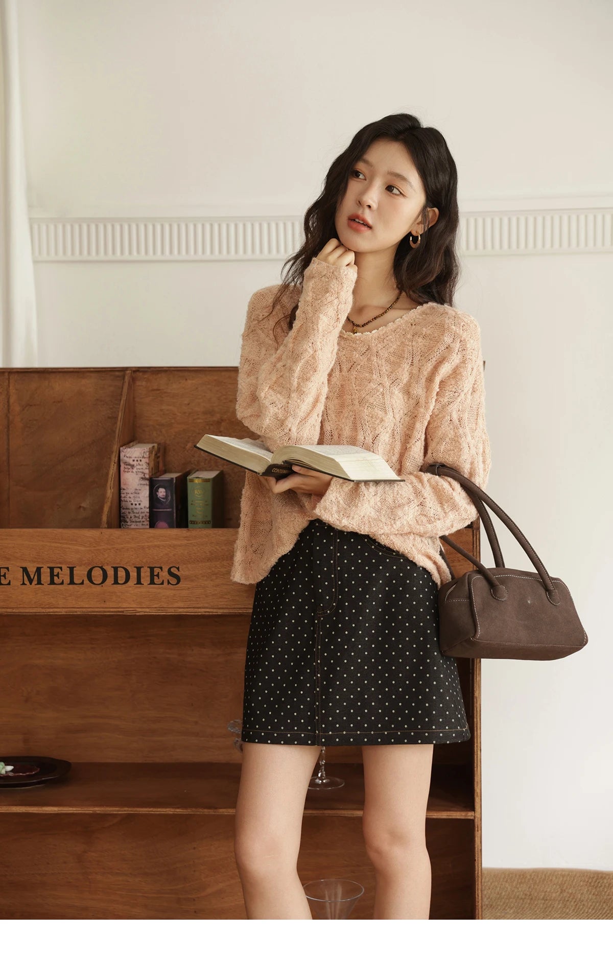 MISHOW Bamboo Loop Yarn Knitted Sweater for Women Autumn 2025 Hollow V-neck Lace Sweater Casual Solid Pullovers Tops MXE43Z1349