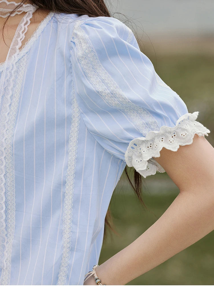 MISHOW French Striped Summer Blouses Women 2025 New Short Puff Sleeve Round Neck Lace Patchwork Shirts Fashion Tops MXE32X1759
