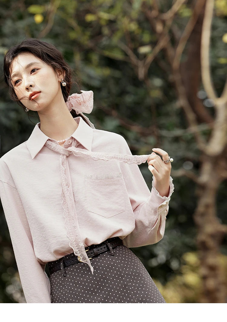 MISHOW French Spring Blouses Women 2025 New Long Sleeve Turn-down Collar Loose Shirts Female Fashion Lace Casual Tops MXE16C0760