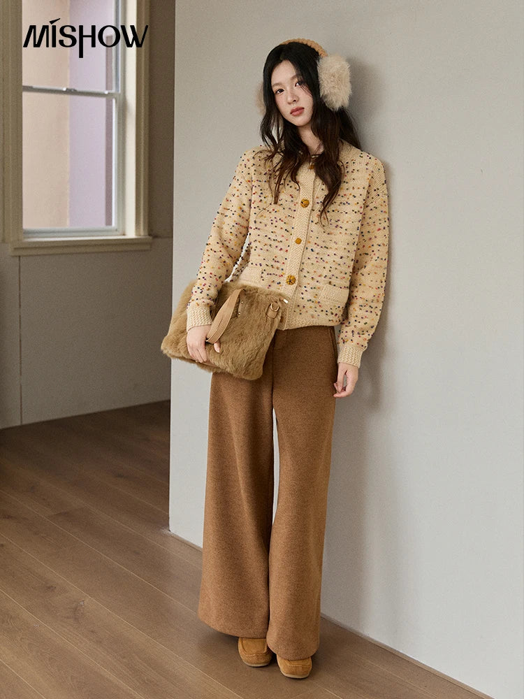 MISHOW Colorful Yellow Sweater Cardigan for Women Winter 2025 Arctic Fleece Retro Round Neck Warm Thick Knit Sweaters MXE91Z2778