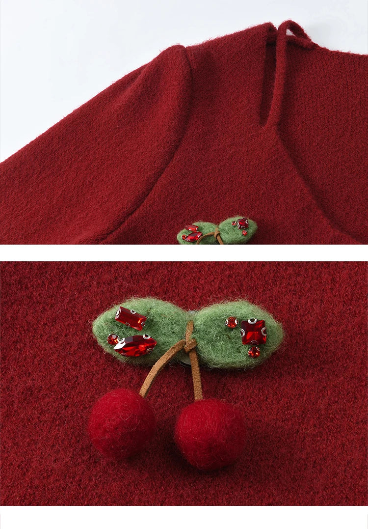 MISHOW Red Knitted Short Cardigan Women Autumn Winter New Cherry Ornaments Sweet Slim Fit V-neck Long Sleeve Tops MXD112Z1006