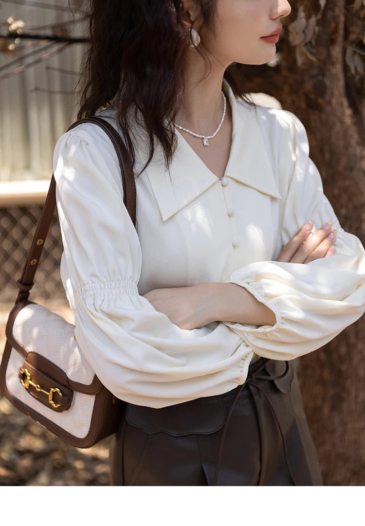 MISHOW Elegant Women's Blouse Autumn Vintage French Lantern Sleeves Turndown Collar Shirt Office Lady Female Clothing MXB32C0508