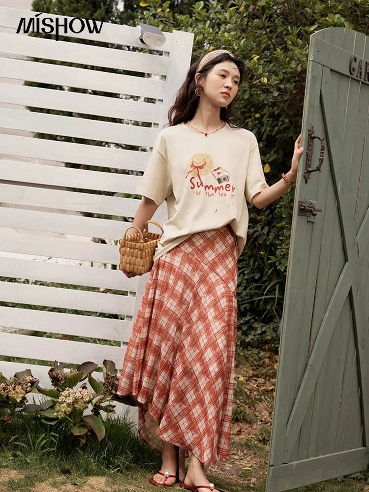 MISHOW Women's Print T-shirt 2025 Summer New Loose Casual T-shirt Ladies Round Neck Short Sleeve Tee Female Clothing MXE34T0559