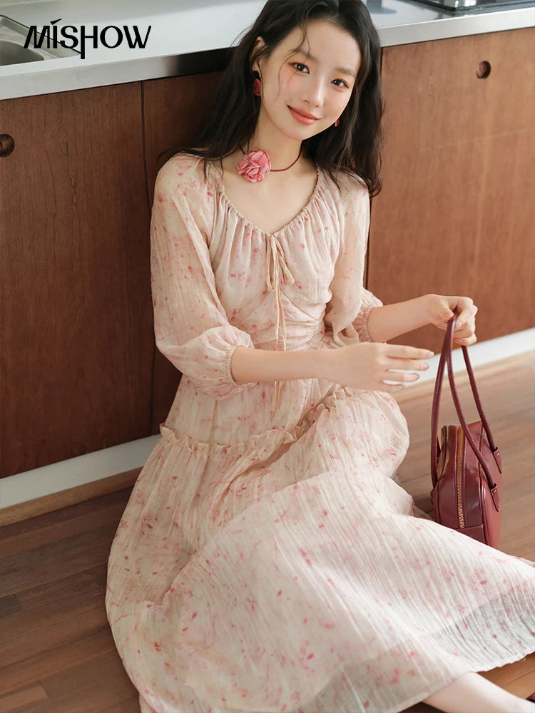MISHOW Korean Women's Floral Pink Dress Autumn Convertible V Neck Off Shoulder Bubble Sleeves Elastic Waist Dresses MXE41L2479