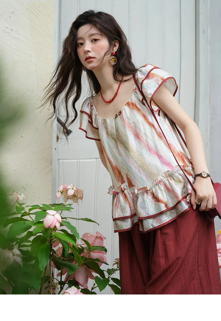 MISHOW Women's Retro Stripe Print Blouse 2025 Summer New Fashion O-Neck Butterfly Sleeve Ladies Casual Patchwork Top MXE38X1862