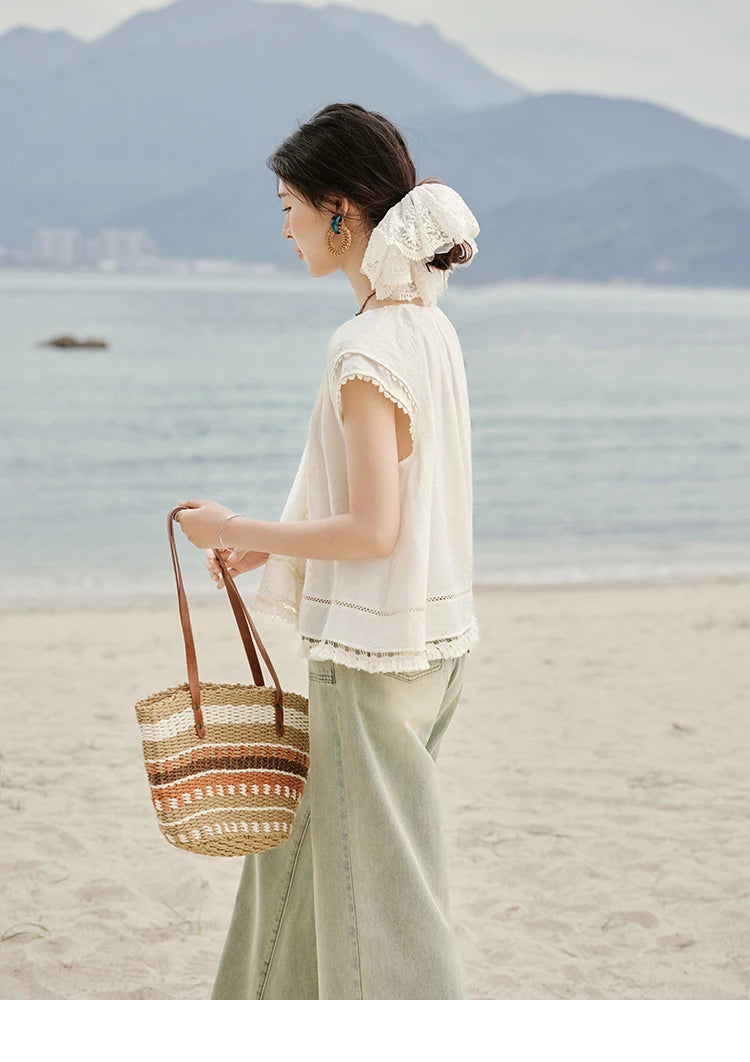 MISHOW Embroidered French Shirt Women Summer 2025 Short Sleeve Round Neck Solid Blouses Female Fashion New Tops Lady MXE33X1744