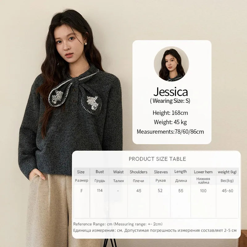 MISHOW Women's Yellow Knitted Sweater 2025 Autumn Winter Bow Collar Splicing Lace Tops Loose Warm Pullover Sweaters MXE94Z2971