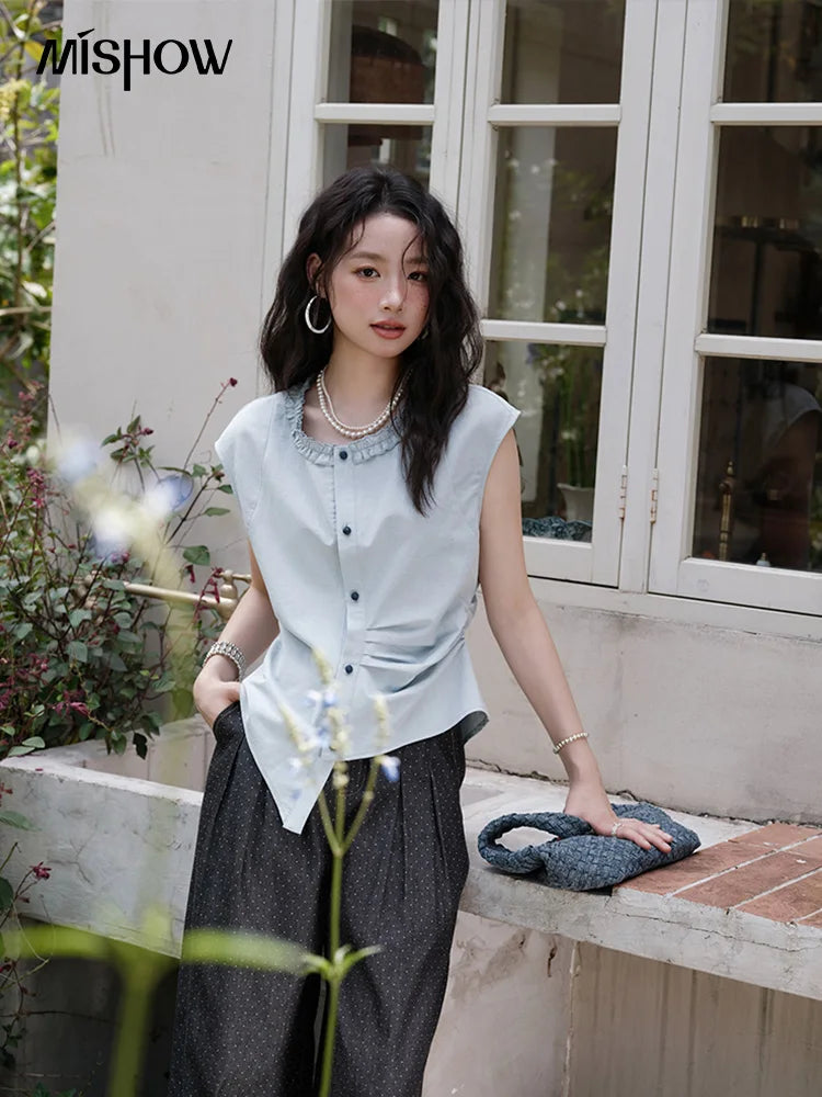 MISHOW Women's Casual Round Neck Shirt 2025 Summer New Office Lady Slim Shirt Sleeveless Button Top Female Clothing MXE38X1864
