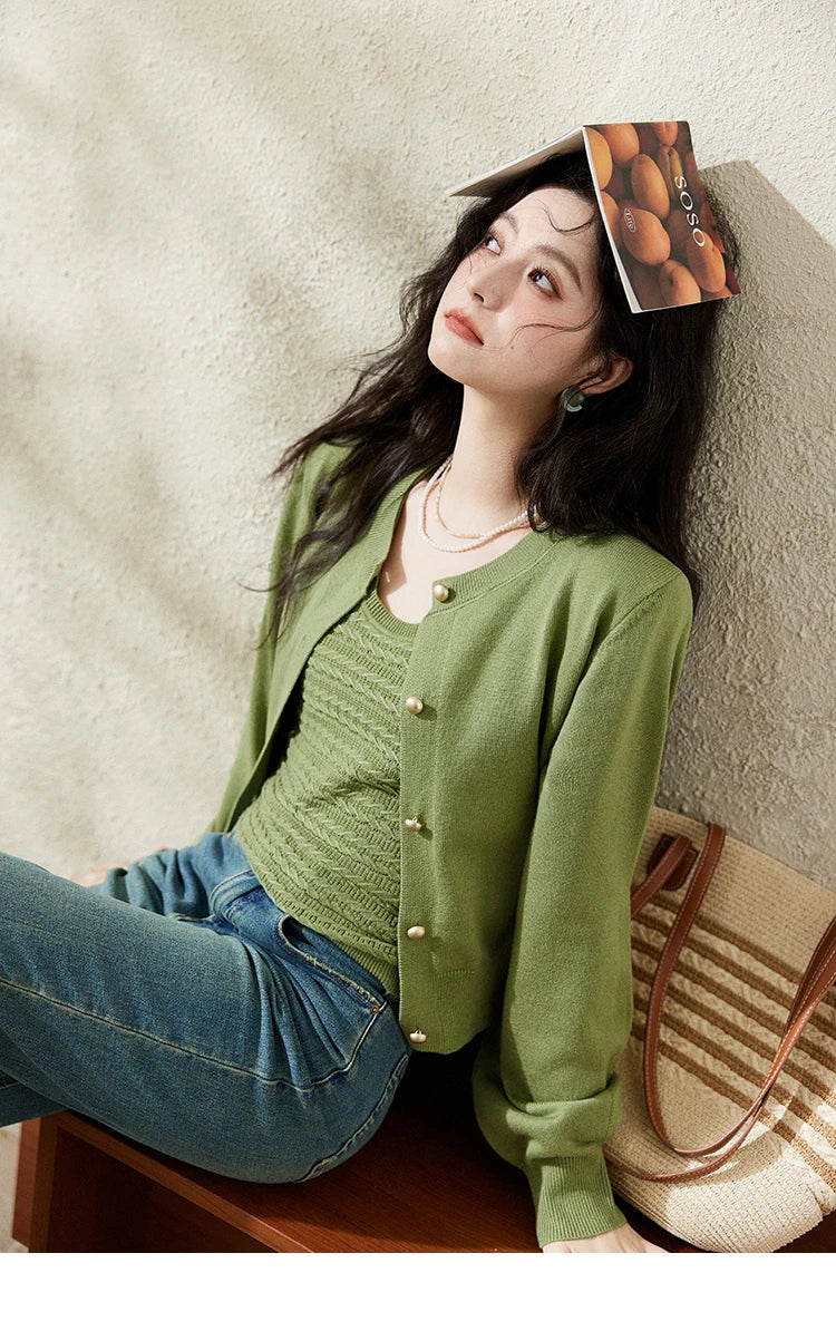 Mishow Avocado Green Metal Button Crochet Cardigan MXE11Z1188