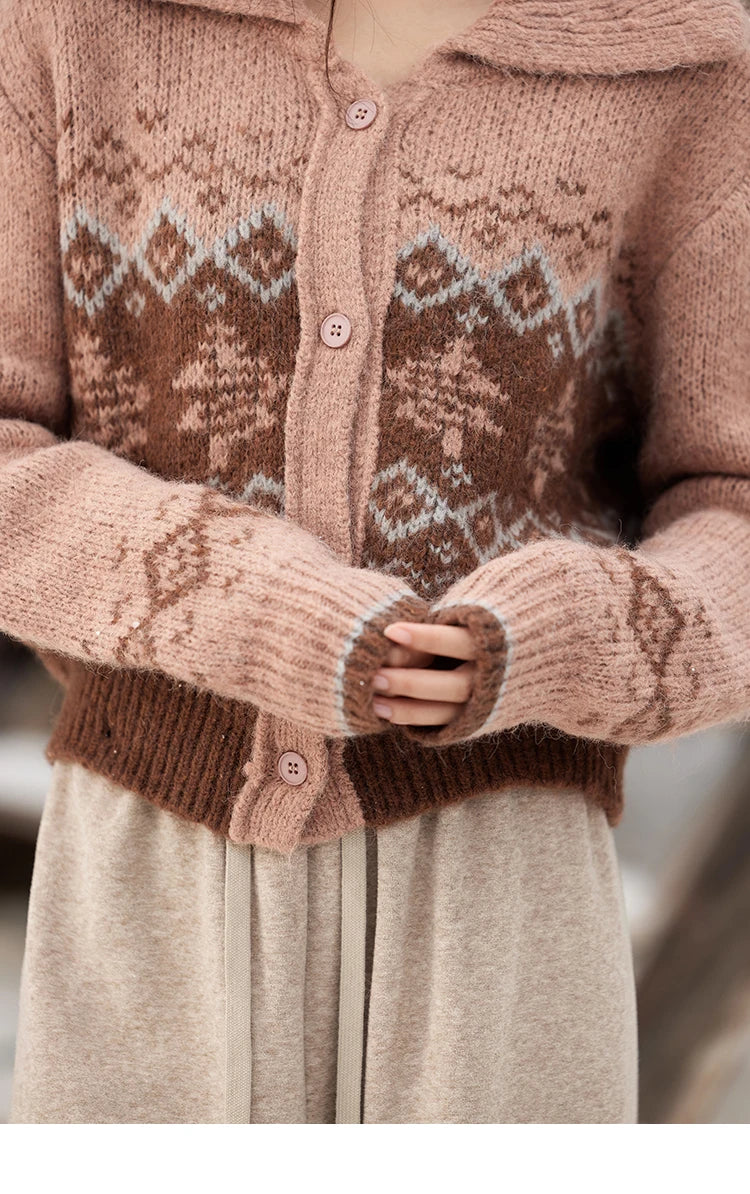 MISHOW Fair Isle Knitting Sweater Christmas Retro Cardigan Women Temperament Turn Down Collar Soft Warm Knitted Coat MXD58Z1036