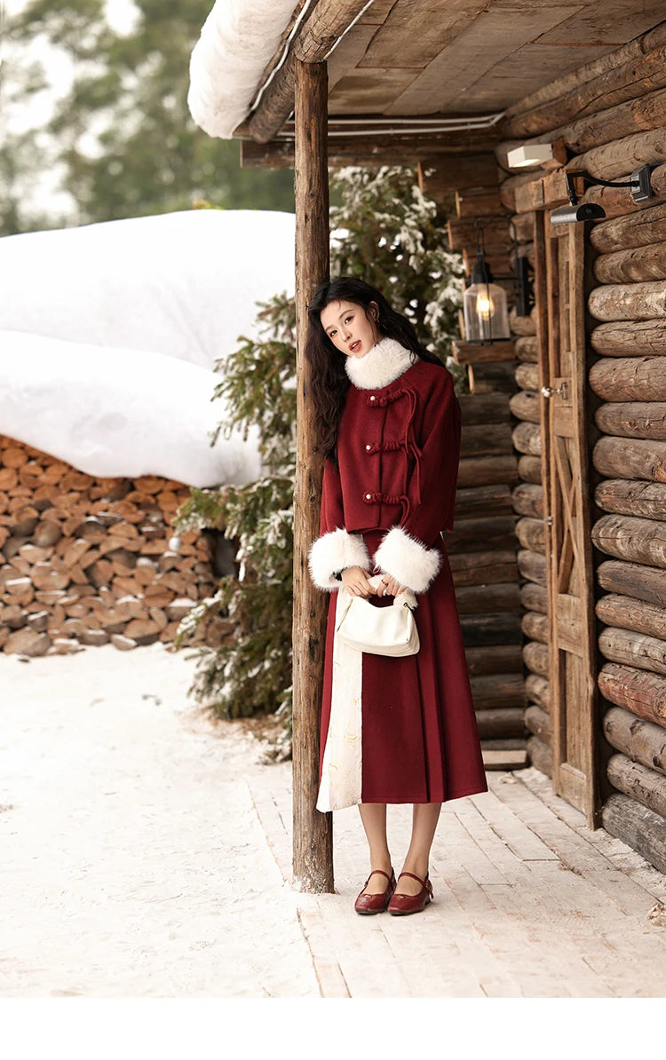 MISHOW Tweed Jacket Midi Skirts Separately Removable Fur Collar Frog Short Coat Cotton Clip A-LINE Pleated Skirt MXD59W0609