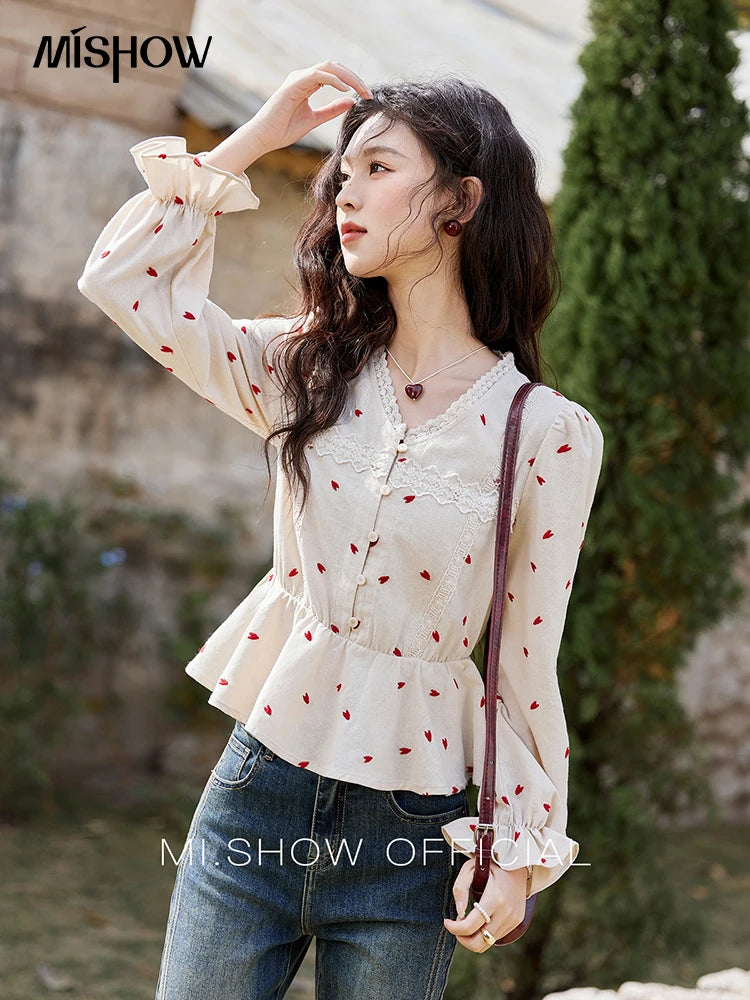 MISHOW Women's Love Embroidered V-neck Blouses 2025 Spring Linen Cotton Retro Slim Tops Sweet Waist Ruffle Blouse MXE13X1700
