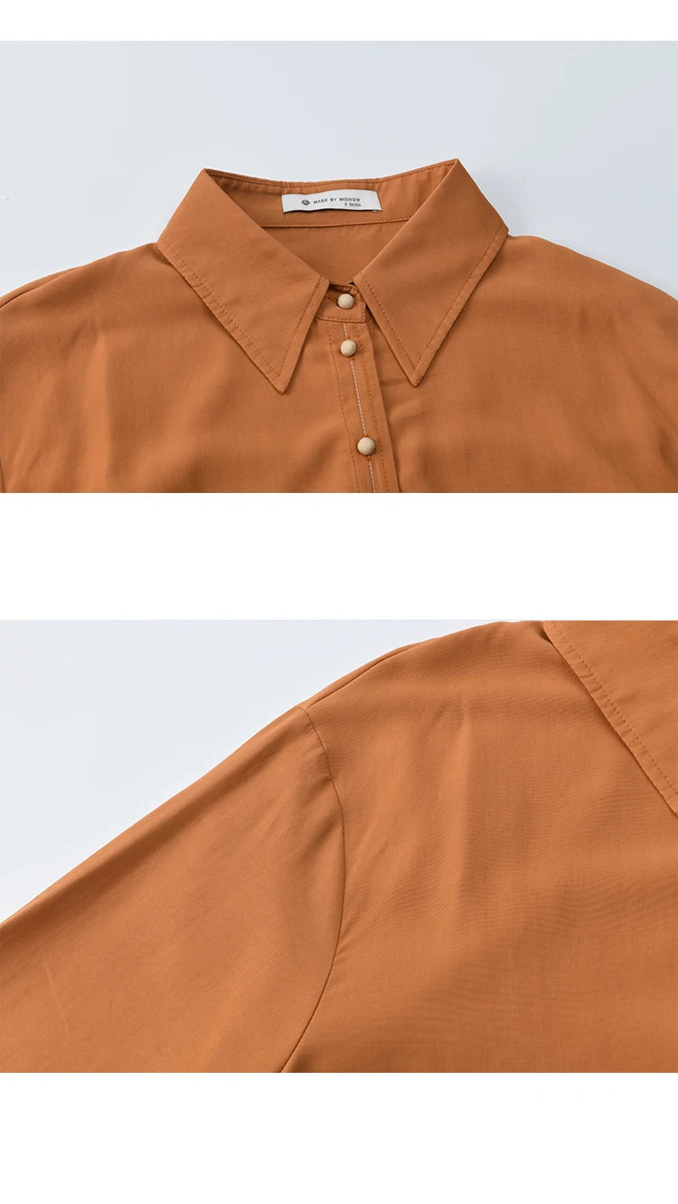 MISHOW Women's Shirts 2025 Autumn Color Blocking Buttons Pleated Cuffs Loose Top Female Solid Lapel Commuting Shirts MXE41C2352
