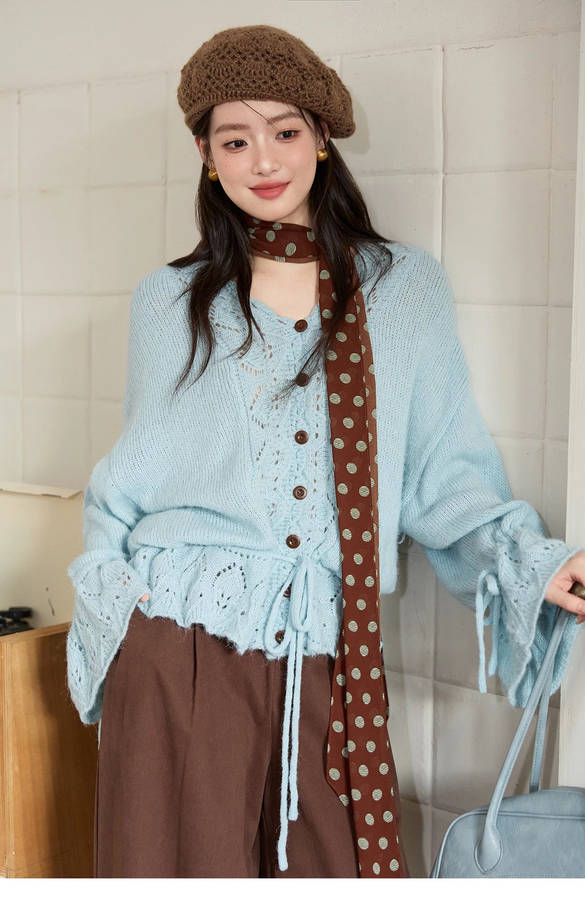 MISHOW Elegant Cardigan Women 2025 Autumn Design Hollow Knit Sweater V-neck Flared Sleeves Loose Casual Sweater MXE47Z2513