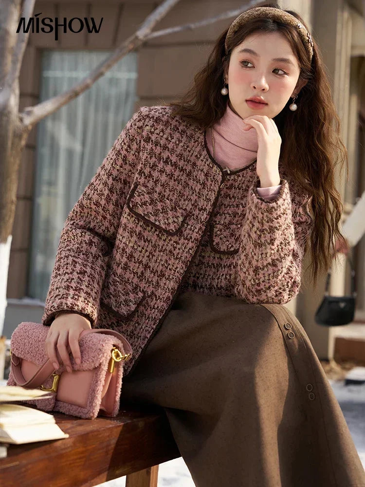 MISHOW Tweed Jacket for Women Luxury 2025 Winter Wool Blend Thick Coat High Quality Fashion Crew Neck Outerwear Top MXC57Y0021