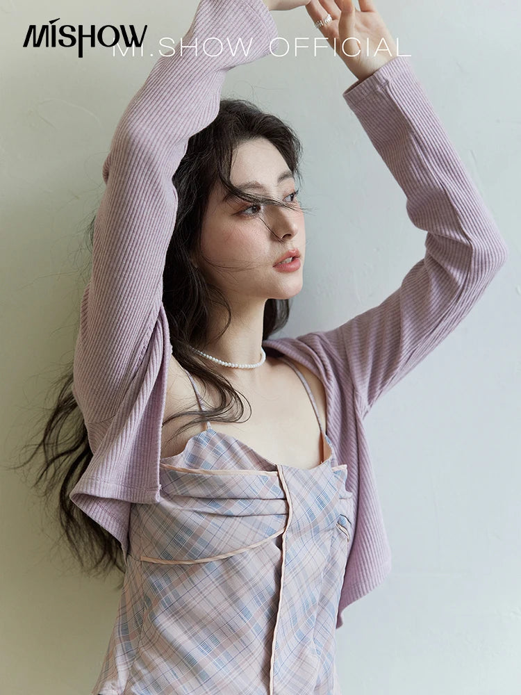 MISHOW Women's Plaid Camisole 2025 Spring Contrasting Retro Bowknot V-neck Waist Slim Top Back Elasticity Sweet Tanks MXE11D0046