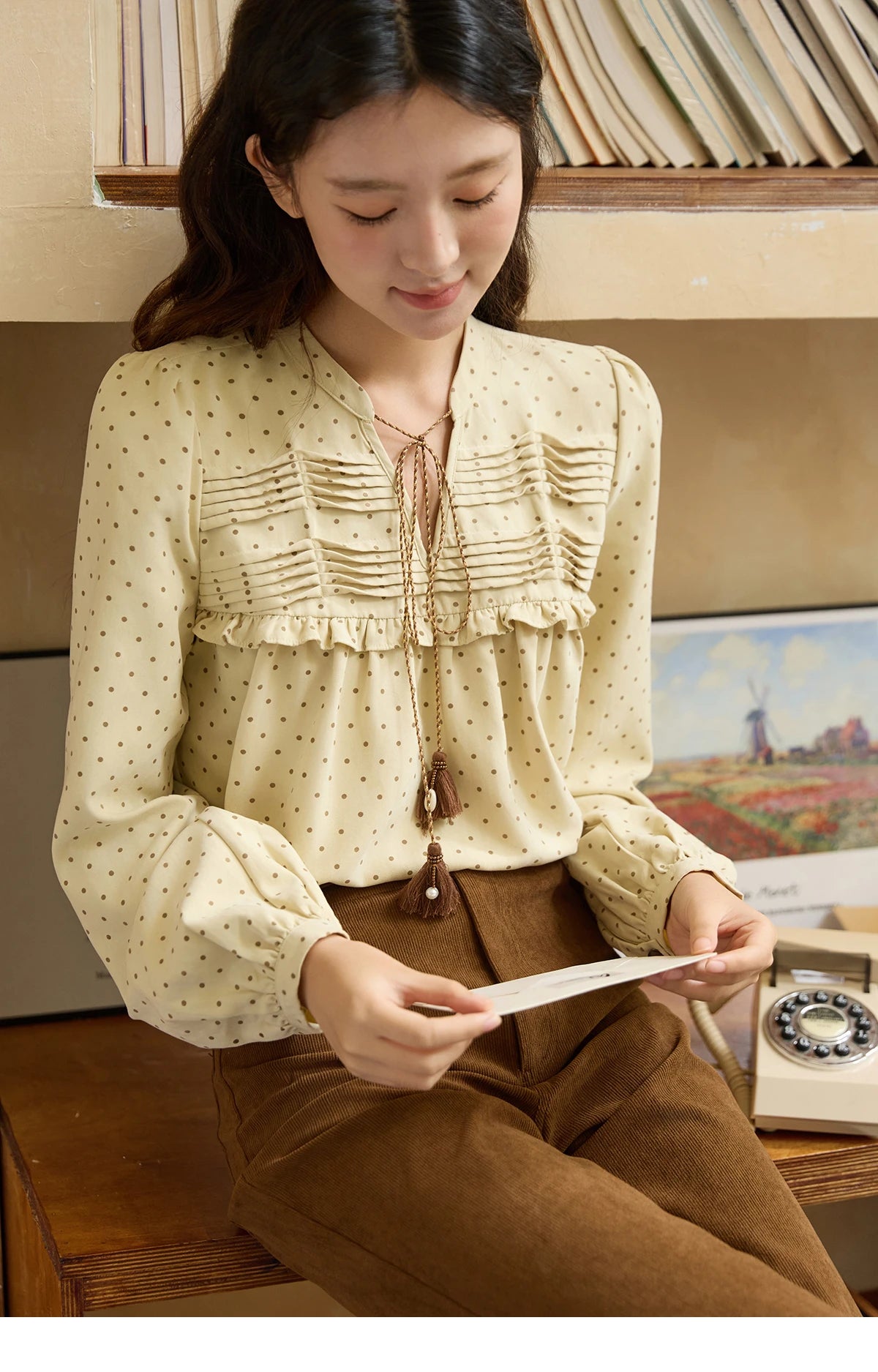 MISHOW Women's Polka Dot Ruffled Shirt 2025 Autumn Vintage Tie Tassel Round Neck Long-Sleeve Top Loose Casual Blouse MXE45X2477