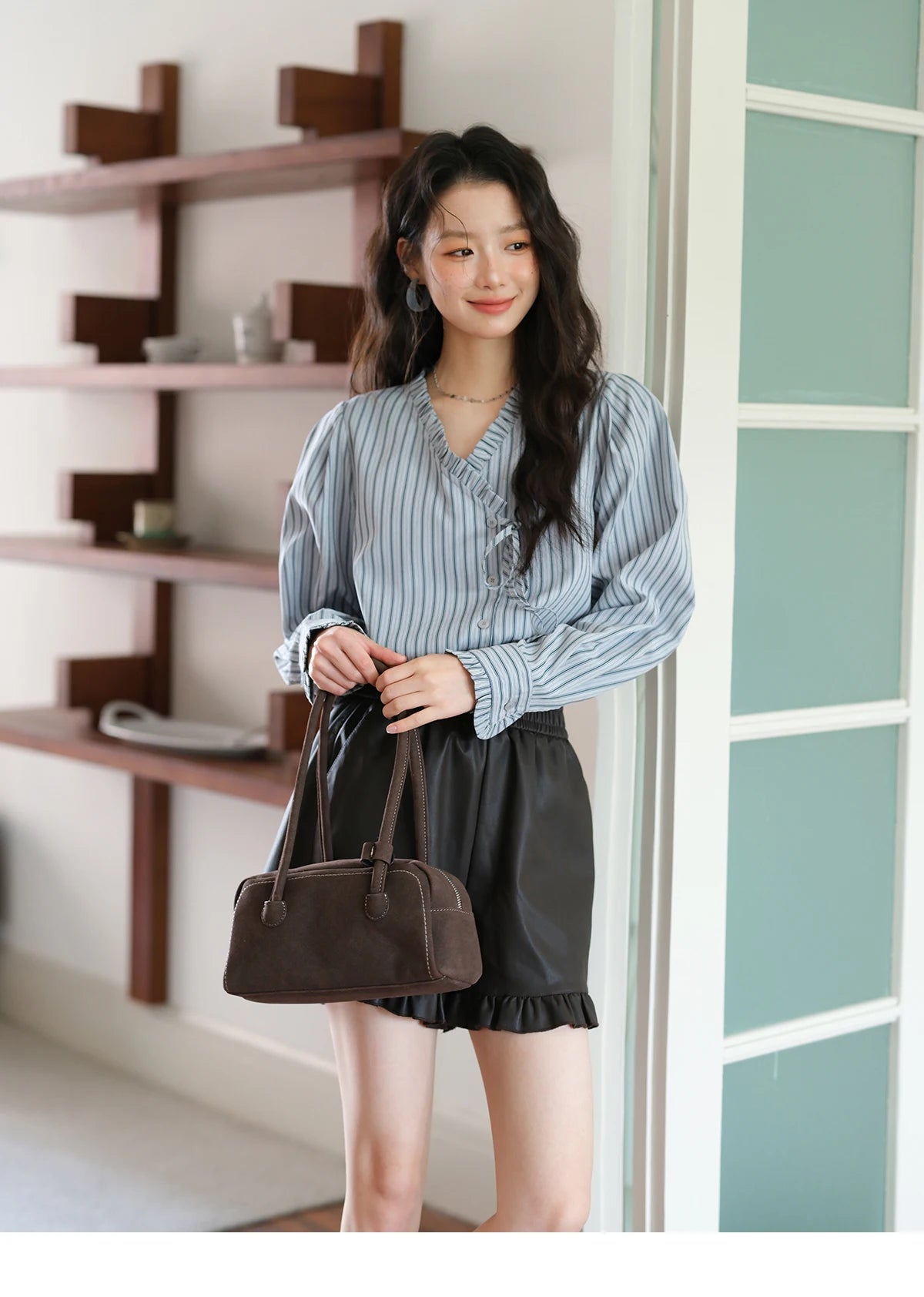 MISHOW Blue Striped Peach Skin Velvet V-neck Shirts for Women Autumn 2025 Asymmetrical Lace-up Commuting Casual Shirt MXE42X2472