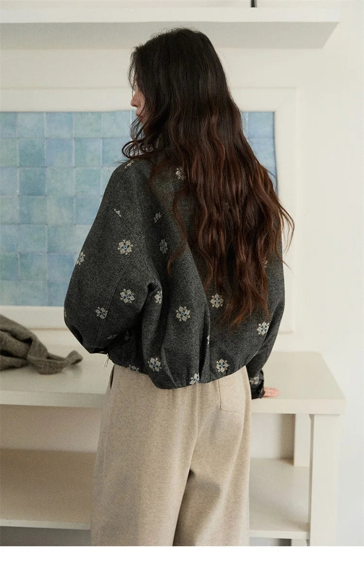 MISHOW Women's Wool Blend Jacket 2025 Winter Retro Small Flower Embroidery Decorated Coat Turtleneck  Zipper Jacket MXE86W0906