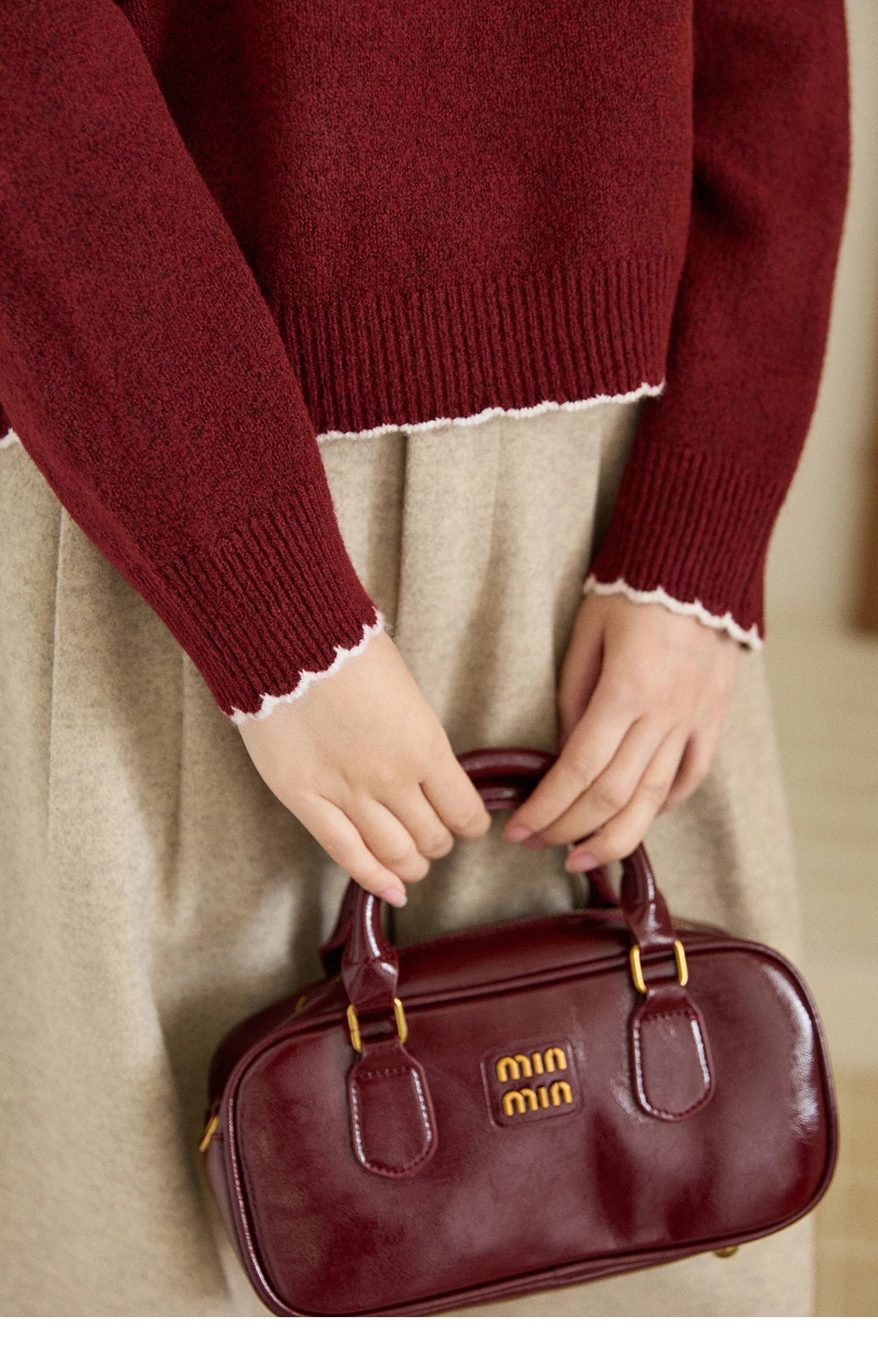 MISHOW Women's Burgundy Knitted Sweater 2025 Winter Poodle Pattern Ruffled Trim Crew Neck Sweater Warm Pullover Tops MXE93Z2949