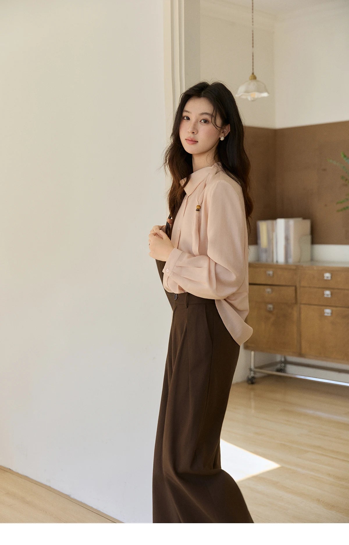 MISHOW Women's Nude Pink Shirt Spring Versatile Ribbon Stand Neck Shirts Button-Down Casual Commute Long Sleeve Top MXE11X2547