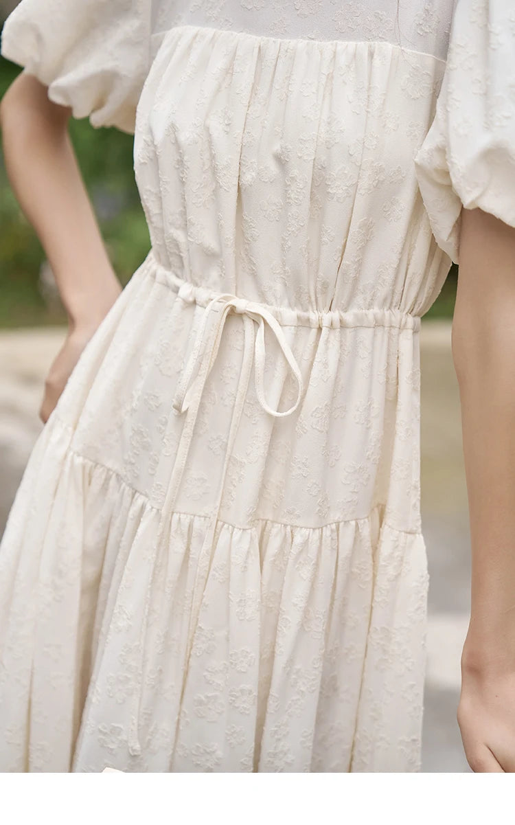 MISHOW French Draw String Waist Dress 2023 Summer Short Sleeve A-LINE Puff Sleeve O-Neck Pullover Elegant Solid Dress MXC38L1415