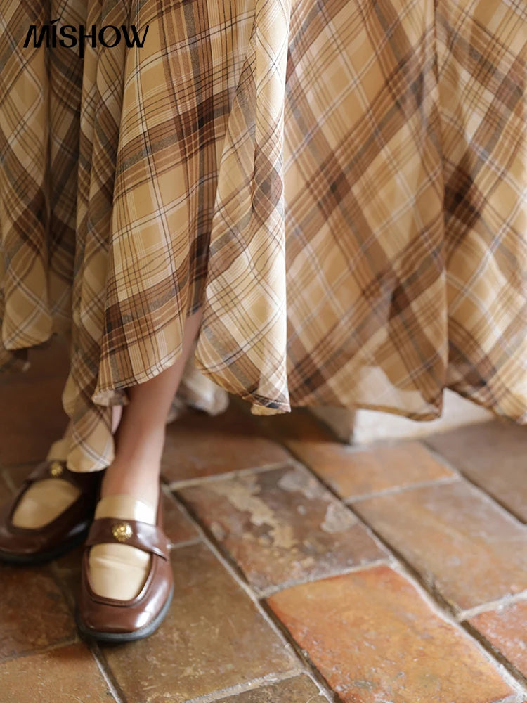MISHOW Coffee Plaid Skirt 2025 Autumn Asymmetrical Hem Skirts Female Retro Side Zipper Commuting A-line Midi Skirt MXE42B2377