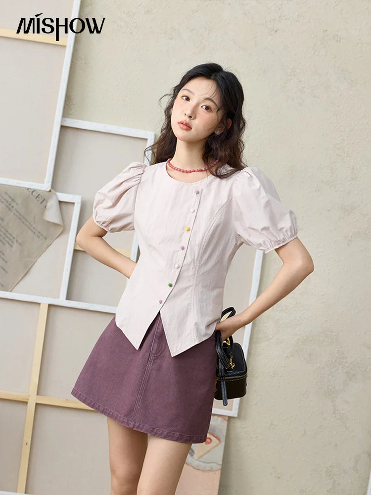 MISHOW Bubble Sleeves  Blouses for Women Summer 2025 Irregular Placket Tops Rainbow Button Solid Blouse Office Lady MXE34X1782