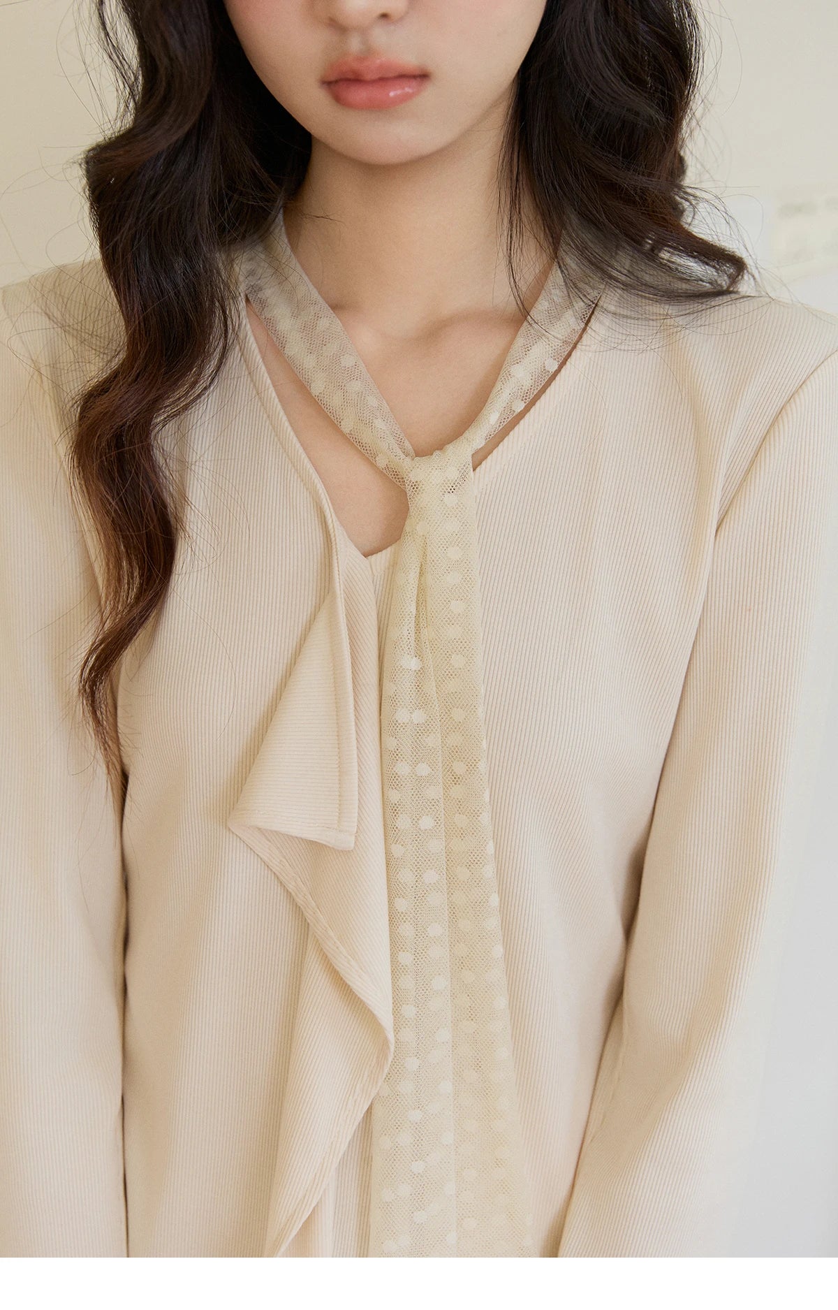 MISHOW Women's V-neck Splicing Lace Ribbon Long Sleeve Tops Spring Ruffled Asymmetrical Hem Flare Sleeve Knitwear MXF108Z1016